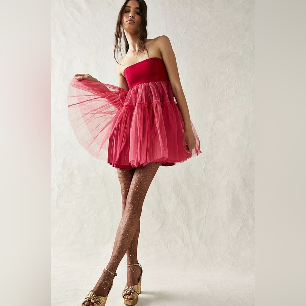 FP Free People THEO PUFF Tulle Velvet Bow MINI DRESS Dances Formal NEW WITH TAGS